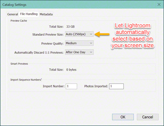 Lightroom Catalog Settings File Handling tab. © 2021 Margo Taussig Pinkerton. All Rights Reserved. From Barefoot Contessa Photo Adventures. For usage and fees, please e-mail TBC (at) BCphotoadventures (dot) com or contact us at 310 Lafayette Drive, Hillsborough, NC 27278 or at 1-919-643-3036 before 9 p.m. Eastern Time, ET.