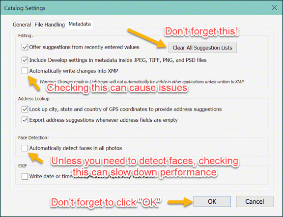 Lightroom Catalog Settings Metadata tab. © 2021 Margo Taussig Pinkerton. All Rights Reserved. From Barefoot Contessa Photo Adventures. For usage and fees, please e-mail TBC (at) BCphotoadventures (dot) com or contact us at 310 Lafayette Drive, Hillsborough, NC 27278 or at 1-919-643-3036 before 9 p.m. Eastern Time, ET.